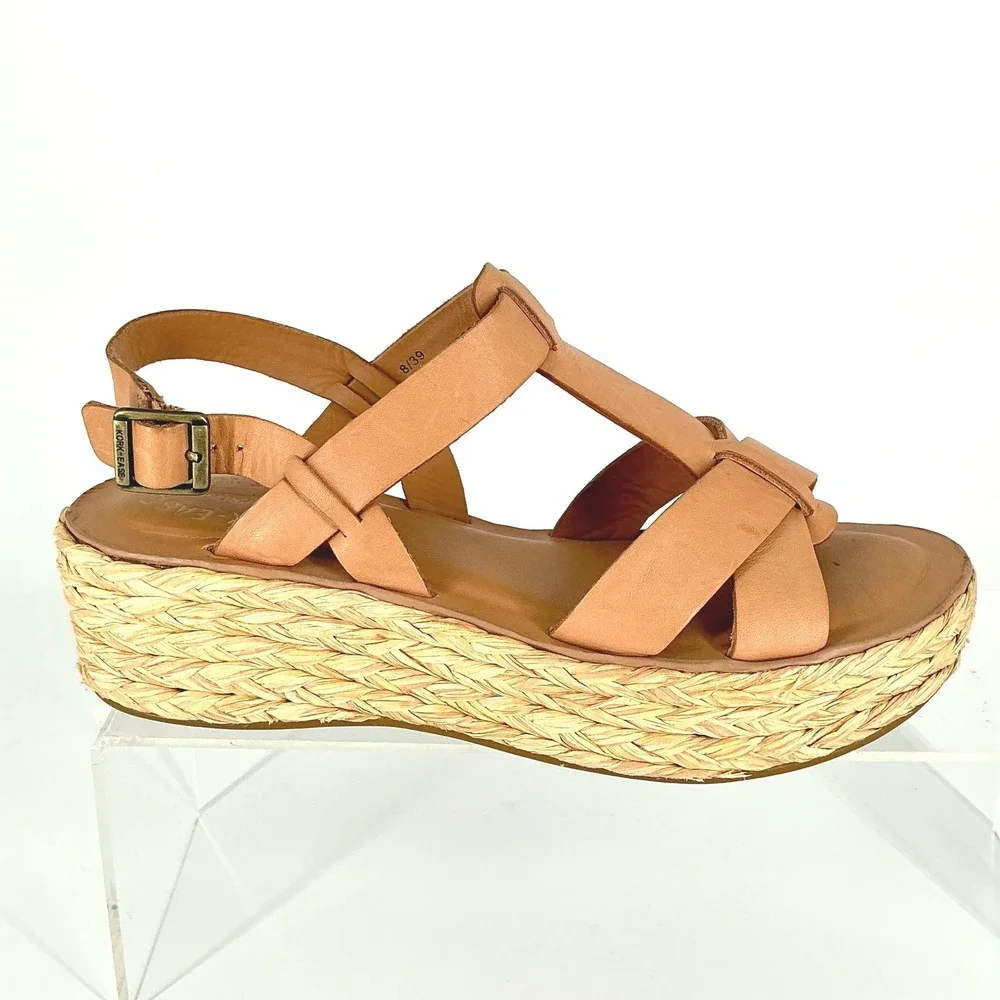 Kork-Ease Size 8 Tan Leather Espadrille Platform Wedge Sandals Ande